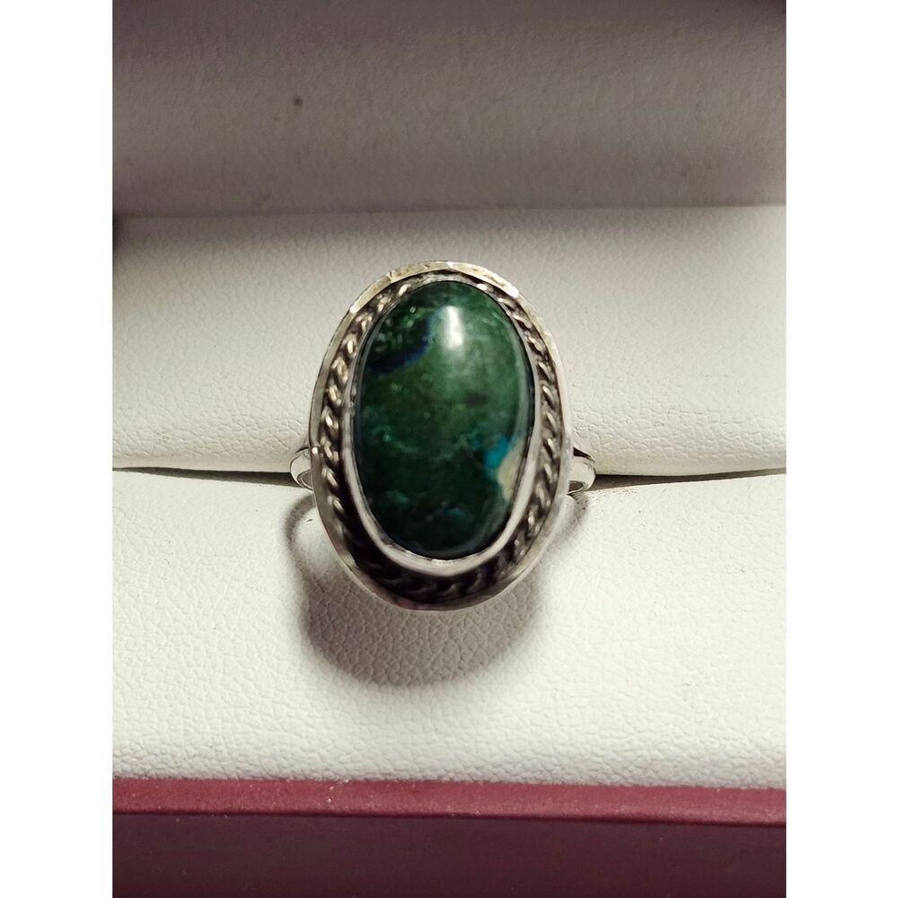 VINTAGE MEXICO STERLING SILVER AND CHRYSOCOLLA STONE RING SIZE 7.75